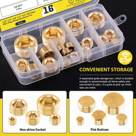 Brass NPT Pipe Plugs Kit 16-Piece, 5 Sizes in storage case, hex-drive socket plugs visible in container slots.