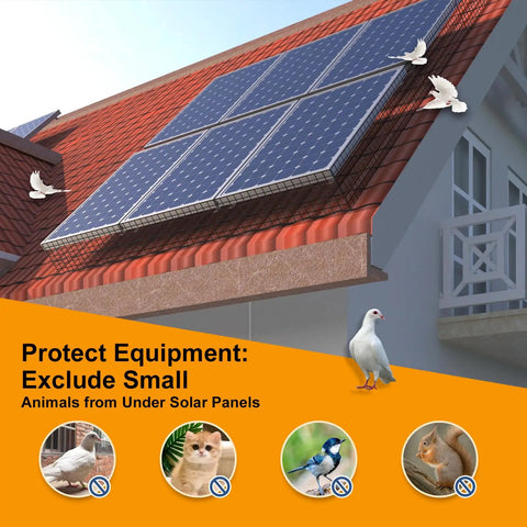 Hella Durable Solar Panel Bird Guard Anti Roll Mesh Kit With Black PVC Fasteners on rooftop solar panels preventing animals.