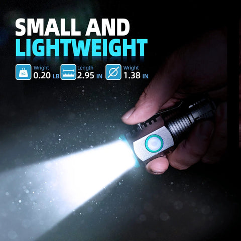 Person holding Beefy 1100 Lumen Pocket Flashlight With 4 Modes, Clip On Handheld LED Light for camping and emergencies, small size