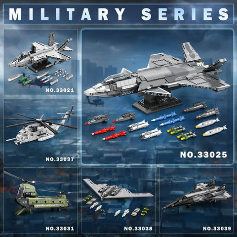Military series building block models including J20 Stealth Fighter Building Block Set For Adults shown with various components.