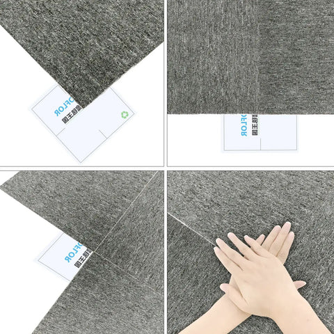 20 Pack Commercial Carpet Tiles 20x20 Inches Reusable Carpet Squares With Stickers PVC Backed Floor Tiles For Home Office Light Gray No Slip Waterproof Durable Easy Install DIY Friendly And Large Coverage showing interlocking design with hands adding stability.