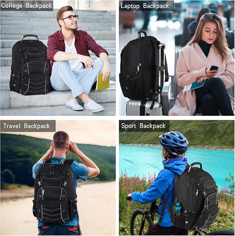 Unisex 60L Gaming Laptop Backpack Heavy Duty Travel Bag with TSA Friendly Design shown in diverse settings and uses