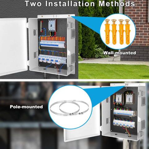 Rugged Outdoor Electrical Junction Box With Vented Design For Heat Dissipation ABS Plastic Project Enclosure With Internal Mounting Panel 9.2 X 7 X 4.6 Inches Weatherproof And Impact Resistant For Outdoor Projects showing wall and pole mounting options.