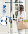 Woman using Keyless Entry Door Lock With Electronic Keypad Deadbolt, Auto Lock, Backlit Digital Display on home door.