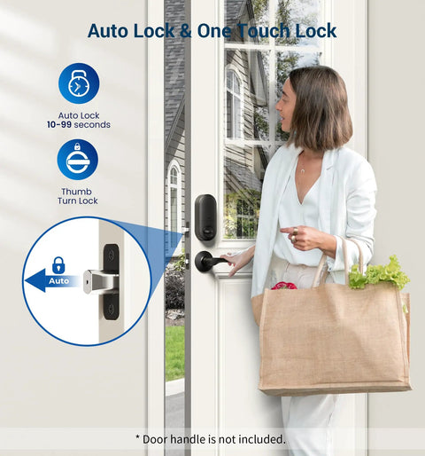 Woman using Keyless Entry Door Lock With Electronic Keypad Deadbolt, Auto Lock, Backlit Digital Display on home door.