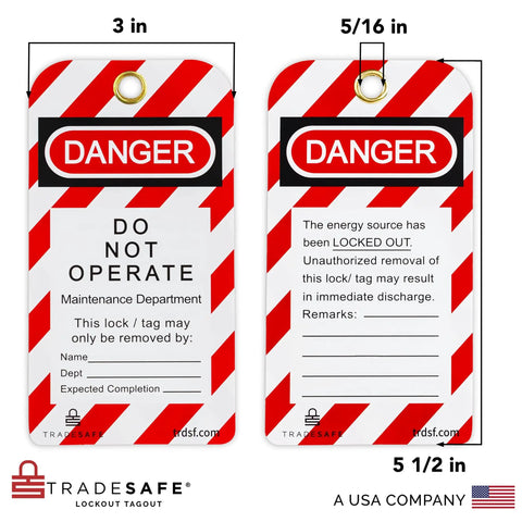 Heavy Duty Lockout Tagout Tags With Nylon Zip Ties Osha Compliant Danger Do Not Operate Signs, 3x5.5 in, PVC, industrial safety use.