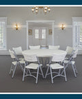 Round Folding Table Built Like A Tank For Heavy Duty Use, Commercial Grade with 60 Inch Diameter, set with chairs in an event space