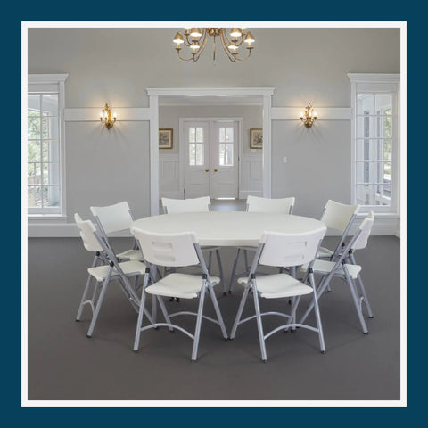 Round Folding Table Built Like A Tank For Heavy Duty Use, Commercial Grade with 60 Inch Diameter, set with chairs in an event space