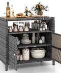 Rattan Storage Cabinet With Acacia Wood Countertop For Patio Or Garden, Open Shelf And Double Door Cabinet in mixed gray
