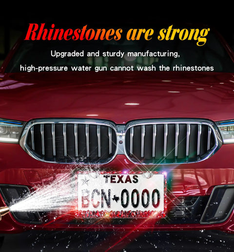 Red car with Red Rhinestone License Plate Frame Sparkly Bedazzled Stainless Steel Holder Fits Standard 12.25 By 6.25 Inch Plates