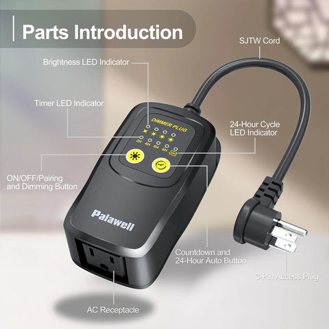Image of Outdoor String Light Dimmer Plug 560W With Daily Timer And Memory, showing buttons, indicators, and 3-pin plug details.