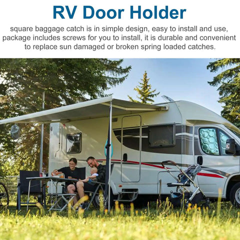 Heavy Duty Stainless Steel RV Baggage Door Catch And Compartment Latch 4 Pack installed on motorhome under awning.