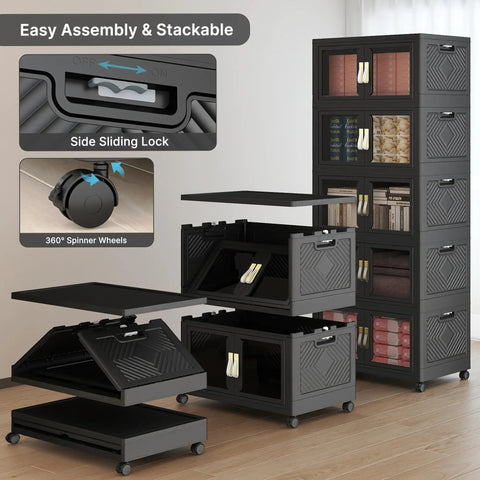 Premium Five Tier Storage Tower With Clear Front Panel Foldable Stackable Cabinet Rack shows side sliding lock and spinner wheels.