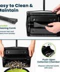 Grab And Go No Sweat Manual Sweeper For Carpets Hardwood And Rugs Triple Brush showing included cleaning comb and waste disposal.