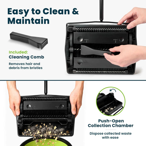 Grab And Go No Sweat Manual Sweeper For Carpets Hardwood And Rugs Triple Brush showing included cleaning comb and waste disposal.