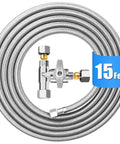 15 Ft Stainless Steel Braided Ice Maker Water Line Kit With Tee Stop Valve For Refrigerator No Fuss Install Food Grade PEX Inner Hose One Quarter Inch Fittings BPA Free Drinking Water Hose coiled