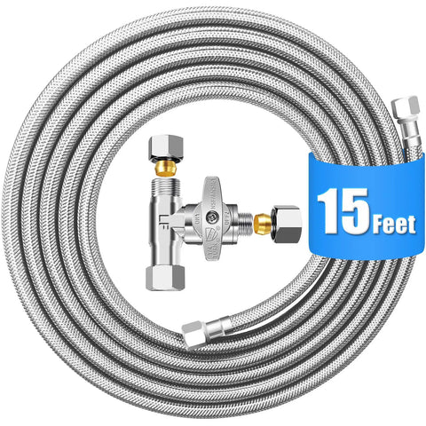 15 Ft Stainless Steel Braided Ice Maker Water Line Kit With Tee Stop Valve For Refrigerator No Fuss Install Food Grade PEX Inner Hose One Quarter Inch Fittings BPA Free Drinking Water Hose coiled
