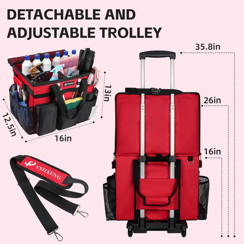 Rolling Cleaning Caddy With Wheels Large Capacity 40L 16 Inch By 13 Inch By 12 Inch Detachable Trolley with shoulder strap and 19 pockets