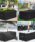 Rectangle Patio Table Cover With Umbrella Hole 88 Inch Long By 58 Inch Wide By 23.6 Inch High Heavy Duty 600D Oxford Fabric shown in various weather conditions, sun, rain, wind, and snow.