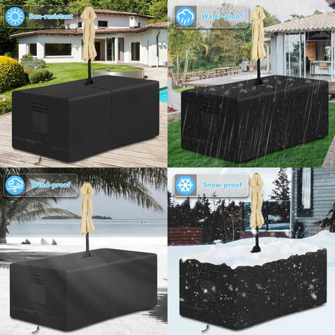 Rectangle Patio Table Cover With Umbrella Hole 88 Inch Long By 58 Inch Wide By 23.6 Inch High Heavy Duty 600D Oxford Fabric shown in various weather conditions, sun, rain, wind, and snow.