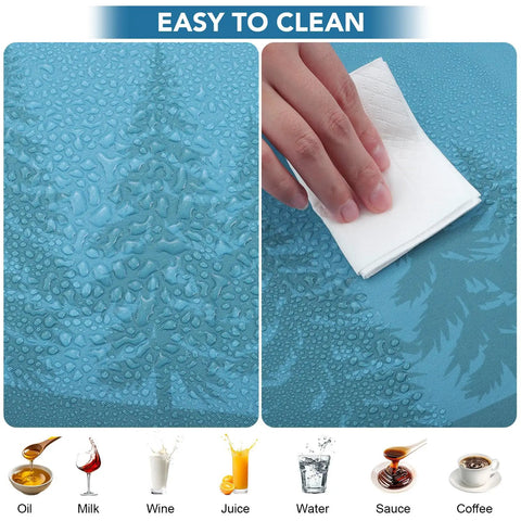 Demonstration of water resistance on blue table cover from Three Piece Waterproof Picnic Table Cover Set With Bench Covers