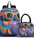 Colorful insulated lunch box backpack with hippo design, featuring a laptop sleeve, suitable for 15.6-inch devices.
