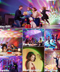 Collage of Disco Ball Party Lights 5 In 1 Sunset Light System used at holiday, birthday, and wedding events