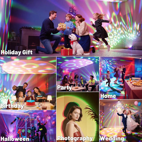 Collage showcasing 2 Pack Sunset Lamp Disco Ball Party Lights With Sound Activated LED Strobe And Stage Lighting effects