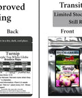 Comparison of new and old seed packaging for turnip seeds by B&M Farms, showing front and back views of each package.
