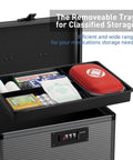 Code Lock Medicine Box With Removable Tray For Home Use Portable First Aid Box For Pills Or Meds Tough Aluminum Alloy Safe Box 10 By 6.9 By 6.9 Inches Black showing open tray with organized medical supplies