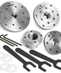 Heavy Duty 1x8Tpi Face Plate Kit For Woodturning Lathes Including 2 3 4 And 6 Inch Plates with metal plates and tools.