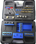 Pro Grade Universal Dowel And Cam Jig Kit With Five Drilling Sleeves 6mm 8mm 10mm For DIY Woodworking Drill Guide And Cabinet Furniture Repair Six Year Warranty, shown in a carrying case with various drill components
