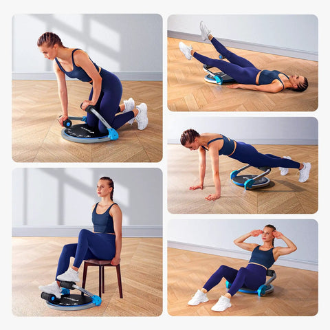 Woman using Heavy Duty Ab Machine Featuring Three Adjustable Resistance Settings for various core workouts on a wooden floor.
