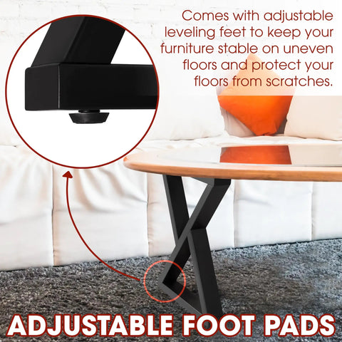 Beefy 16 Inch Heavy-Duty Metal Table Legs Set Of 2 Black With Double Triangle Z Shape Design, featuring adjustable foot pads.