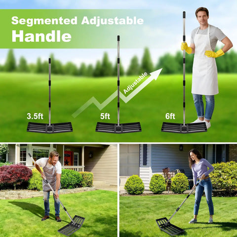Angled Design Lawn Leveling Rake With 30 By 10 Inch Stainless Steel Head And 70 Inch Adjustable Handle displayed in garden use