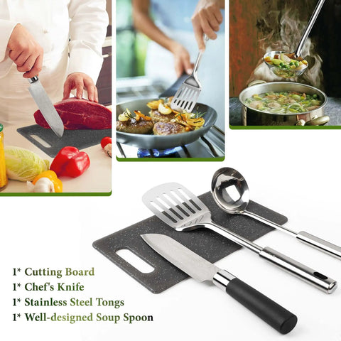 Camping Cooking Utensils Set With Stainless Steel Grill Tools And Portable Kitchen Gear, featuring chef's knife and spatula.