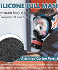 Person wearing full face gas mask with anti fog shield and 40mm activated carbon filter for organic vapors and industrial safety