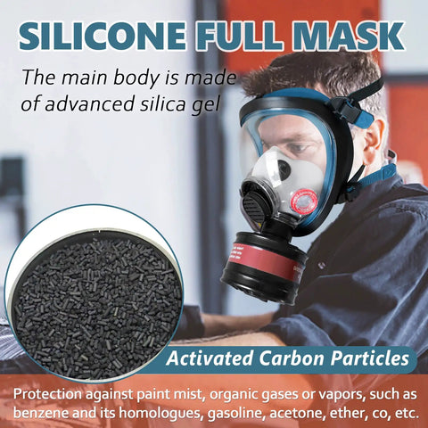 Person wearing full face gas mask with anti fog shield and 40mm activated carbon filter for organic vapors and industrial safety