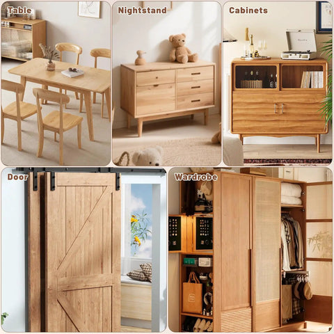 Easy Peasy Wood Furniture Repair Kit Featuring Six Realistic Tone Touch Up Markers And Wax Sticks For Quick Scratch Dent And Nail Hole Fixin On Tables Chairs And Cabinets in a room with wood furniture.