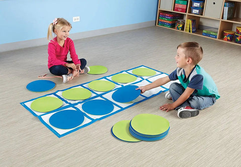 Children playing with Ten Frame Floor Mat Activity Set for Preschool and Kindergarten Classrooms Gross Motor Math Games Hands On Place Value And Number Mastery Durable Plastic Mats For Active Learning And Visual Math Skills on classroom floor.