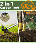 60 Inch Weed Puller With Long Handle, 2 In 1 Garden Weed Rake And Hoe in use, demonstrating deep root weeding in a garden.