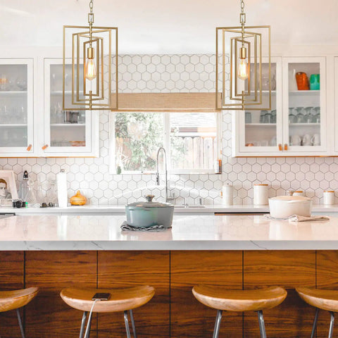 Gold Pendant Light Chandelier For Kitchen Island With Adjustable Framework And Rotatable Geometric Shade Brushed Gold Finish