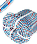 Coiled Beefy Half Inch 100 Foot Arborist Rope, 16 Strand Braided Polyester Halyard Rigging Line For Tree Work, Blue White Red