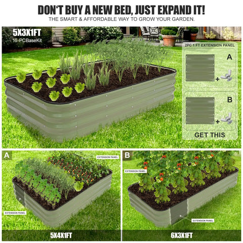 4 In 1 Modular Raised Garden Bed Kit With Adjustable Sizes For Vegetables And Fruits, Heavy Duty Galvanized Steel Planter Box