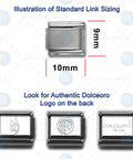 Diagram of 10x9mm stainless steel charm link with V Initial Charm Letter For 9mm Charm Links Stainless Steel Necklace Pendant Component Traditional Italian Modular Link Go To Must Have 9mm Link Chains Durable Silver Tone Jewelry Accessory.