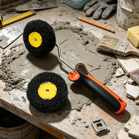 Pro Grade Pumpkin Corner Roller For Painting Interior And Exterior Walls With Precision Edging Brush on a workbench with wet cement.