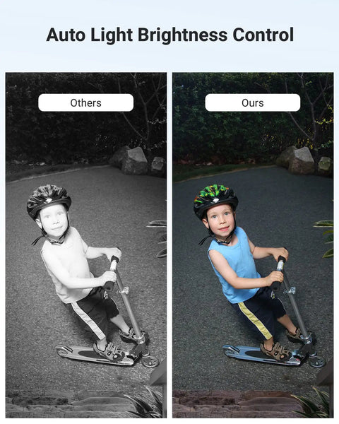 Comparison of auto light brightness control for security cameras, showing enhanced color night vision for better detection.