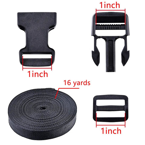 1 Inch Polypropylene Webbing Strap Kit With 16 Yards Of Black Webbing And 16 Side Release Buckles Plus Slide Adapters