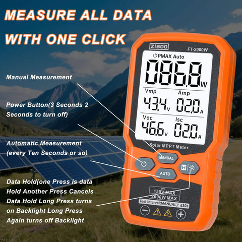 No Nonsense Solar Panel Tester Meter Gauges Voc And Isc Up To 2000W With Backlight and Data Hold, showing display and controls.