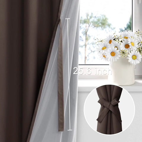70 Inch Wide By 84 Inch Long Blackout Curtain Panels With Tiebacks, 100 Percent Darkening And Thermal Insulation, Full Light Blocking For Large Windows, Brown, Set Of 2 With Rust Proof Grommets, showing tieback feature.